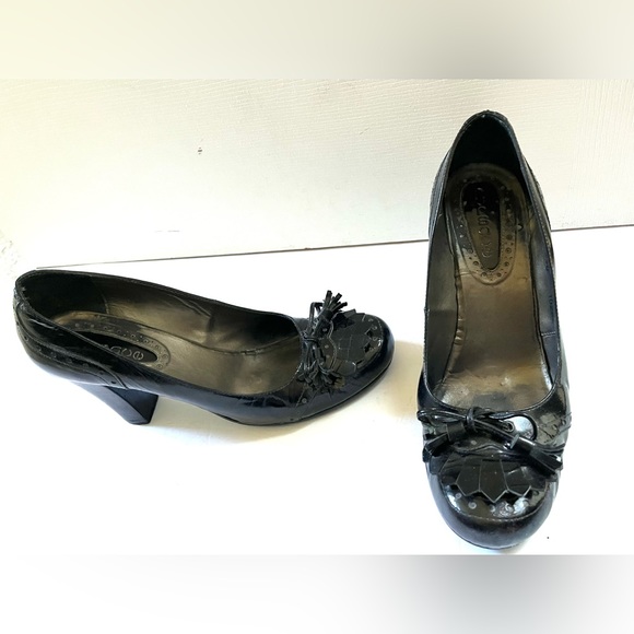 Shiny black real patent leather loafers with tassel & bow comfy block heels Eu39 - Picture 4 of 16